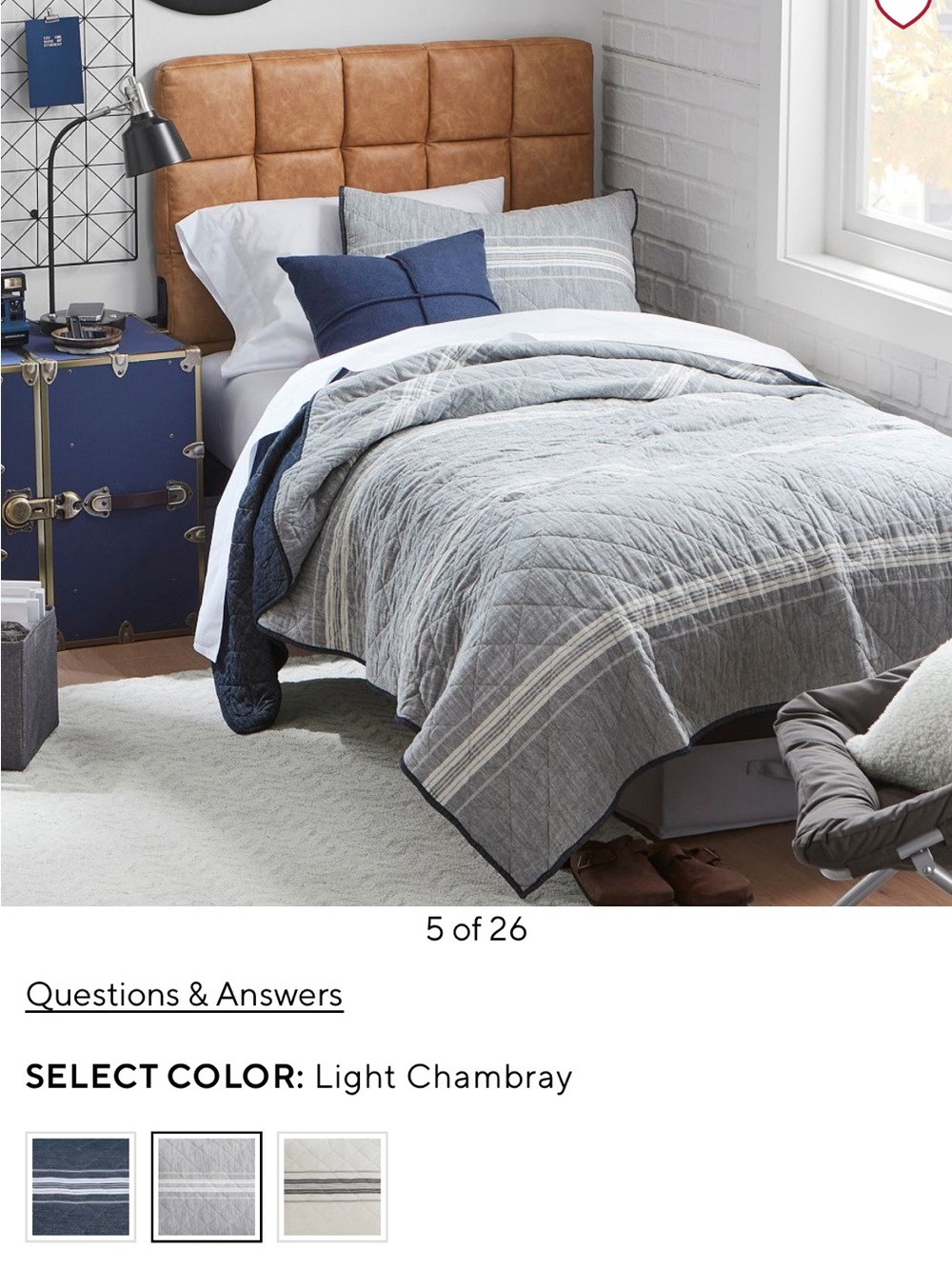 Pottery Barn Teen Winward Stripe Light Chambray Quilt &standard sham Twin XL Bed